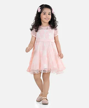 WhiteHenz Clothing Half Sleeves Floral Lace  Embroidery With Pearl Neckline Party Dress  - Peach