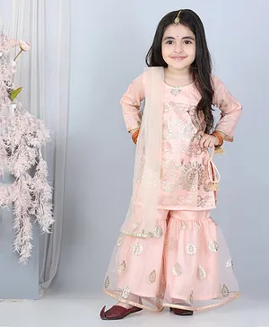 WhiteHenz Clothing Full Sleeves Floral Rubber Print Kurta With Sharara And Dupatta - Peach & Golden