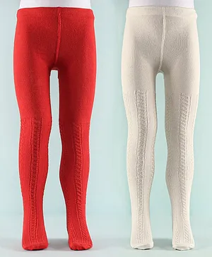 Honeyhap Premium Cotton Super Soft Stretchable Self Knitted  Tights with Silvadur Finish Pack of 2 - White & Red