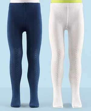 Honeyhap Premium Cotton Super Soft Stretchable Self Knitted  Tights with Silvadur Finish Pack of 2 - White & Navy Peony