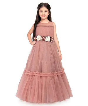 Betty By Tiny Kingdom Sleeveless Ruffled Neckline With Pearls & Flower Applique Embellished Fit & Flare Shimmer Gown - Orchid Peach