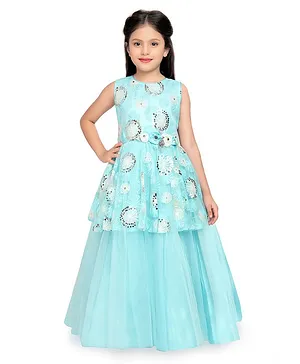 Betty By Tiny Kingdom Sleeveless Flower Detailed Sequin Embellished Fit & Flare Layered Gown - Sky Blue