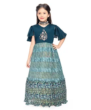 Betty By Tiny Kingdom Half Flutter Sleeves  Floral Appliqued Printed And Embroidered Gown - Blue