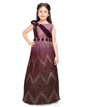 Betty By Tiny Kingdom Sleeveless Chevron Motif Printed & Embroidered Gown - Wine