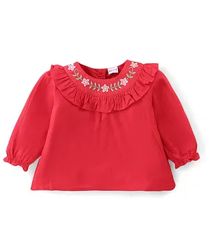 Babyhug Slub Rayon Full Sleeves Top With Floral Embroidery & Frill Detailing - Red