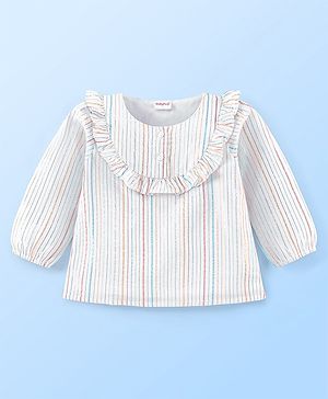 Babyhug 100% Cotton Lurex Woven Balloon Sleeves Striped Top with Frill Detailing - White