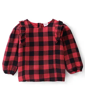Babyhug 100% Rayon Full Sleeves Yarn Dyed Checks Top With Frill Detailing- Red & Black