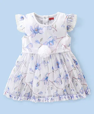 Babyhug Interlock Cotton Knit Frill Sleeves Party Wear Frock Style Onesie with Floral Corsage & Print - White & Blue