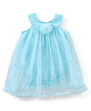 Babyhug Cotton Knit Sleeveless Party Wear Frock Style Onesie with Floral Corsage & Star Sequin Embellished - Blue