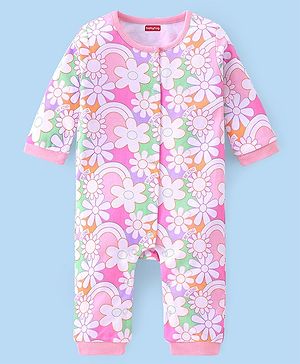Babyhug 100% Cotton Knit Full Sleeves Floral Printed Romper - Pink