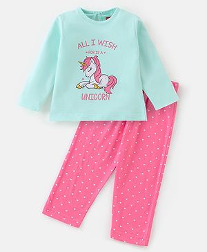 Babyhug Cotton Full Sleeves Night Suit Unicorn & Dot Print- Blue & Pink