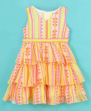 Rassha Sleeveless Geometry Design & Striped Layered Dress - Multi Colour