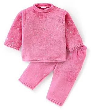 Babyhug Velour Knit Full Sleeves Foil Star Printed Winter Night Suit - Pink