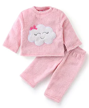 Babyhug Velour Knit Full Sleeves Winter Wear Night Suit with Cloud Applique - Pink