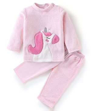 Babyhug Velour Knit Full Sleeves Winter Wear Night Suit with Unicorn  Applique - Pink
