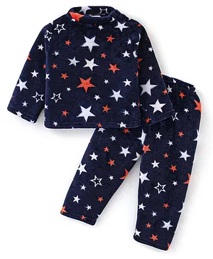 Babyhug Velour Knit Full Sleeves Night Suit Stars Print - Navy Blue