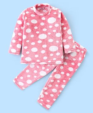Babyhug Velour Knit Full Sleeves Winter Night Suit Circles Print - Pink