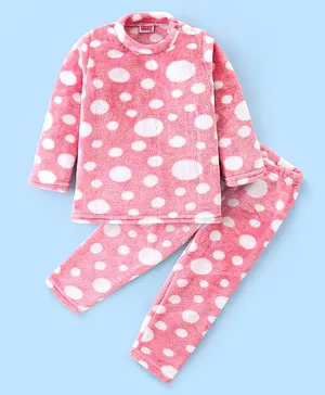 Babyhug Velour Knit Full Sleeves Winter Night Suit Circles Print - Pink