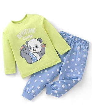 Babyhug Cotton Knit Full Sleeves Bear Print Night Suit - Green & Blue