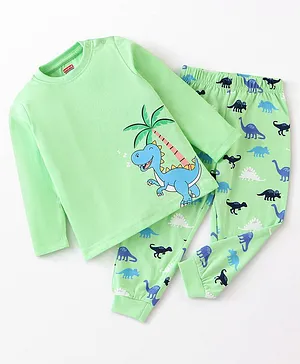 Babyhug Cotton Knit Full Sleeves Night Suit Dino Print - Green