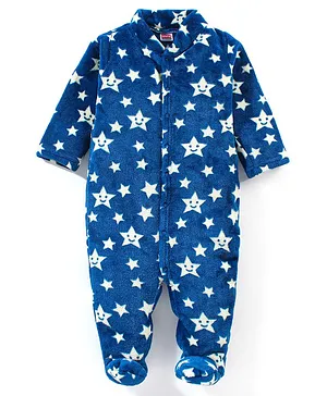 Babyhug Velour Full Sleeves Winter Wear Sleep Suit Star Print - Navy Blue