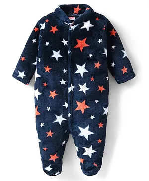 Babyhug Velour Full Sleeves Star Printed Winter Wear Footed Sleepsuit - Navy Blue
