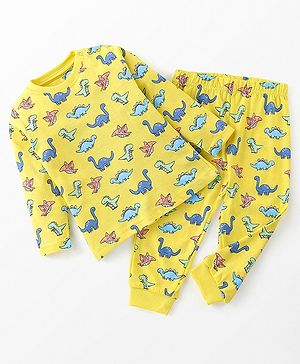 Babyhug Cotton Knit Full Sleeves Night Suit Dino Print- Yellow