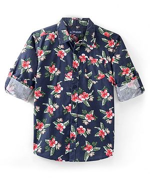 Pine Kids 100% Cotton Full Sleeves Floral Printed Shirt - Blue