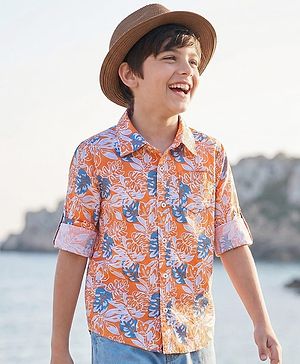 Pine Kids 100% Cotton Full Sleeves Leaves Printed Shirt - Orange