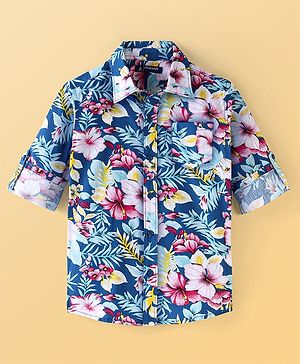 Pine Kids 100% Cotton Full Sleeves Floral Printed Shirt - Blue