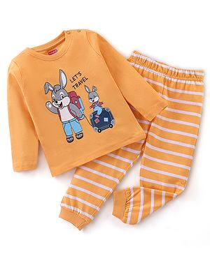 Babyhug Cotton Knit Full Sleeves Night Suit Bunny Print - Orange