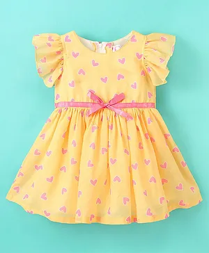 Rassha  Cap Sleeves Heart Printed With Bow Belt Detailed  -  Yellow