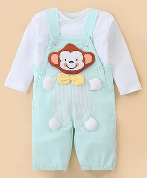 WOW Clothes Full Sleeves Cotton T-shirt with Star Print and Dungaree with Monkey Patch and Bow Applique - Aqua Green