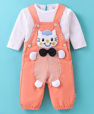 WOW Clothes Full Sleeves Cotton T-shirt with Dot Print and Dungaree with Kitty Patch and Bow Applique- Peach