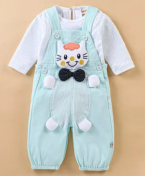 WOW Clothes Full Sleeves Cotton T-shirt with Dot Print and Dungaree with Kitty Patch and Bow Applique - Aqua Green