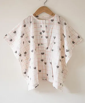 Love the World Today Half Sleeves  Heart Hand Block Printed Graph Checked Kaftan Top - White