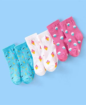 Cute Walk by Babyhug Anti Bacterial Ankle Length Non Terry Socks Cupcake and IceCream Design Pack of 3 - Pink White & Blue