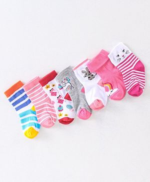 Cute Walk by Babyhug Anti Bacterial Ankle Length Non Terry Socks Unicorn Design Pack of 7 - Pink & White
