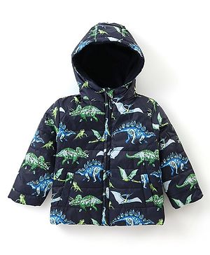 Babyhug Full Sleeves Hooded Padded Quilted Jacket Dino Print -  Navy Blue