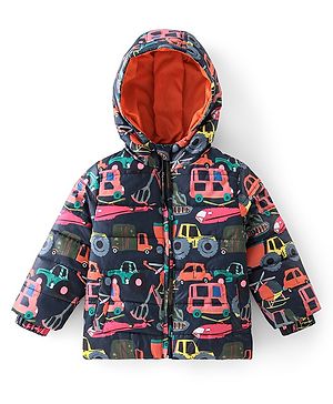 Babyhug Full Sleeves Hooded Jacket with Vehicles Printed - Navy Blue & Orange