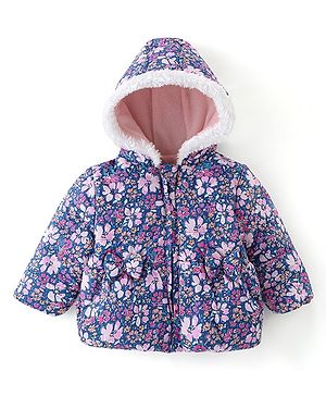 Babyhug Woven Full Sleeves Hooded Jacket Floral Print - Purple