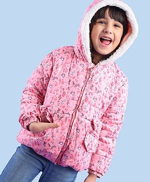 Babyhug Full Sleeves Hooded & Padded Jacket With Bow Applique Floral Print- Pink