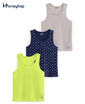 Honeyhap Premium Cotton Stretchable Solid Soft Sleeveless Vests with Silvadur Antimicrobial Finish Pack of 3 - Navy Peony Grey Melange & Tender Shoots