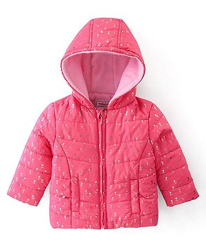 Babyhug Woven Full Sleeves Hooded Quilted Jacket Floral Print - Pink