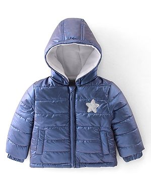 Babyhug Full Sleeves Star Patch Padded Hooded Jacket - Blue