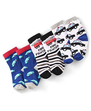 Cute Walk by Babyhug Anti Bacterial Ankle Length Non Terry Socks Car Design Pack of 3  - Black Blue & White