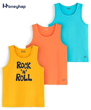 Honeyhap Premium Cotton Elastane Text Printed Soft Vests with Silvadur Antimicrobial Finish Pack of 3 - Old Gold Birds of Paradise & Bachelor Buttons