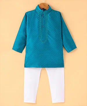 Ridokidz Full Sleeves Seamless Motif Detailed & laced Embellished  Kurta & Pyjama  - Peacock Blue