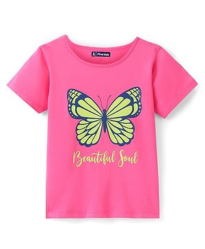 Pinekids Biowashed Cotton Knit Half Sleeve T-Shirt With Butterfly Print - Pink