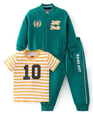 Babyhug 100% Cotton Full Sleeves Hooded Jacket & Lounge Pants With T-Shirt Text & Number Print - Green